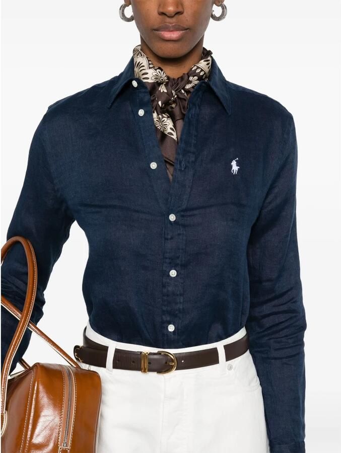 Polo Ralph Lauren Blauw Linnen Overhemd Klassieke Kraag Lange Mouwen Blue Dames
