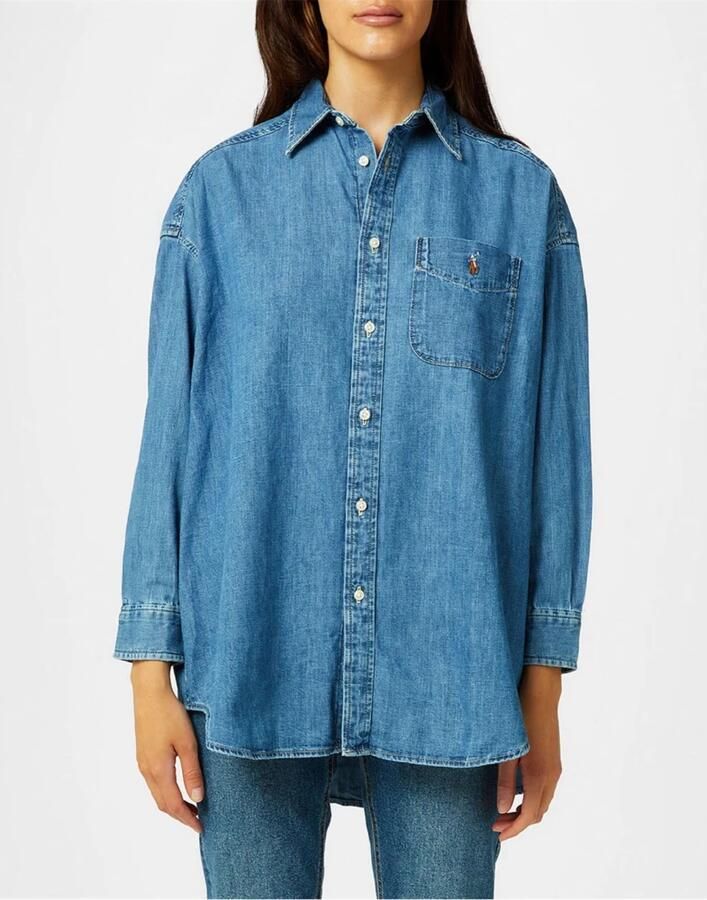 Polo Ralph Lauren Blauwe Oversized Denim Shirt Knoop Logo Blue Dames - Foto 3
