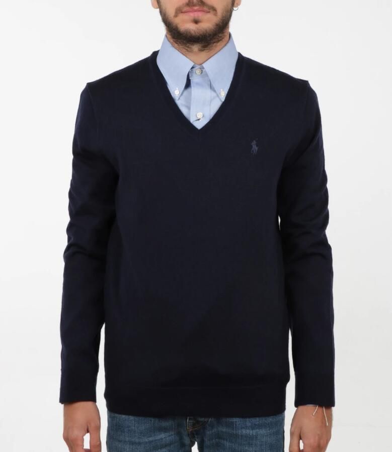 POLO Ralph Lauren fijngebreide wollen slim fit pullover met logo en borduursels hunter navy - Foto 3