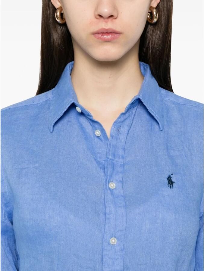 Polo Ralph Lauren Heldere Blauwe Linnen Shirt Elegante Pony Borduurwerk Blue Dames - Foto 5