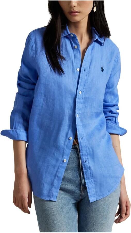 Polo Ralph Lauren Heldere Blauwe Linnen Shirt Elegante Pony Borduurwerk Blue Dames - Foto 10