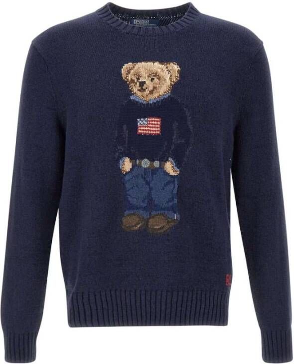 Polo Ralph Lauren Blauwe Ribgebreide Crewneck Sweaters met Polo Bear Blauw Heren