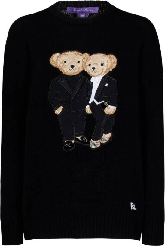 Ralph Lauren Zwarte Ribgebreide Sweaters met Polo Bear Patch Zwart Dames