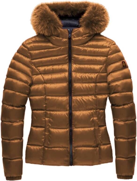 RefrigiWear Elegante Gewatteerde Donsjas met Bontcapuchon Brown Dames