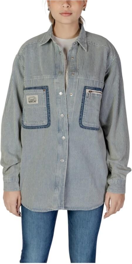 Replay Blauw Pinstripe Katoenen Shirt met Lange Mouwen Blue Dames