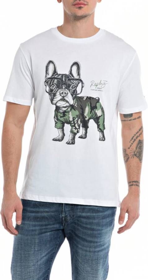 Replay Witte Bulldog Print Katoenen T-shirt White Heren