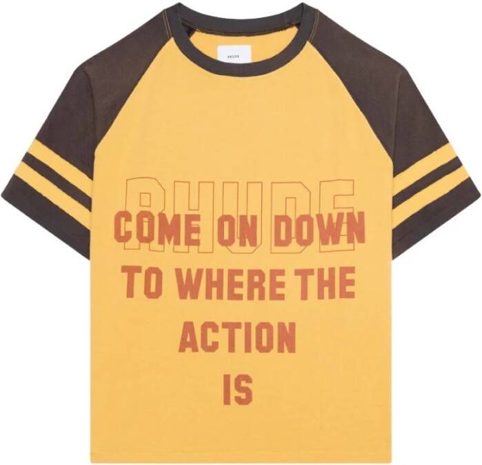 Rhude Gestreept Action T-shirt in Mosterd Zwart Yellow Heren