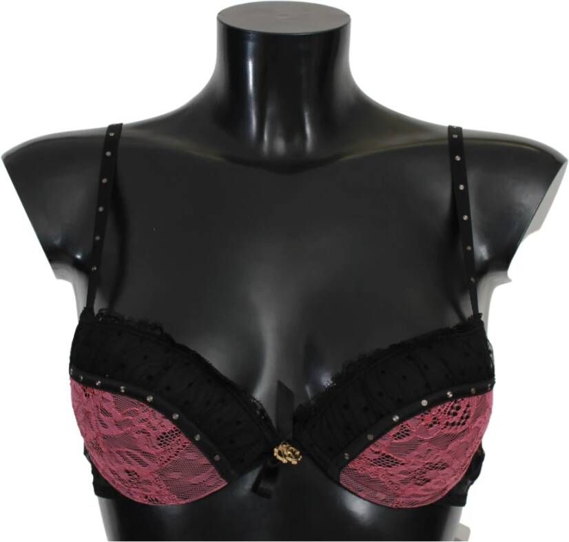 Roberto Cavalli Black Pink Lace Push Up Bra Underwear Zwart Dames