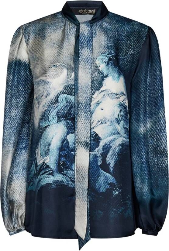 Roberto Cavalli Blauwe zijden blouse met barok-geïnspireerde print Blauw Dames