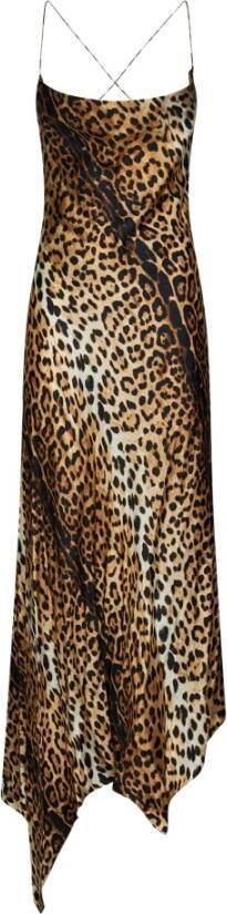 Roberto Cavalli Jaguar Print Halternek Zijden Maxi Jurk Brown Dames