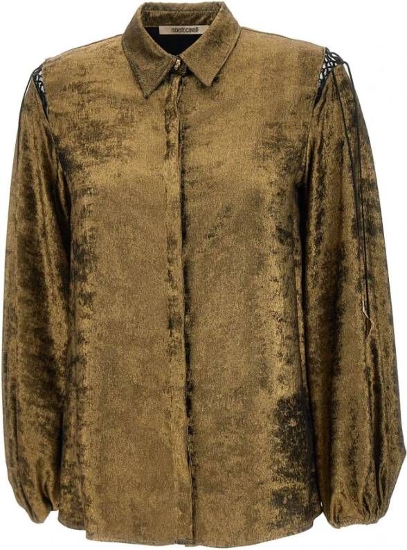 Roberto Cavalli Lamé Top met Panther Head Detail Yellow Dames