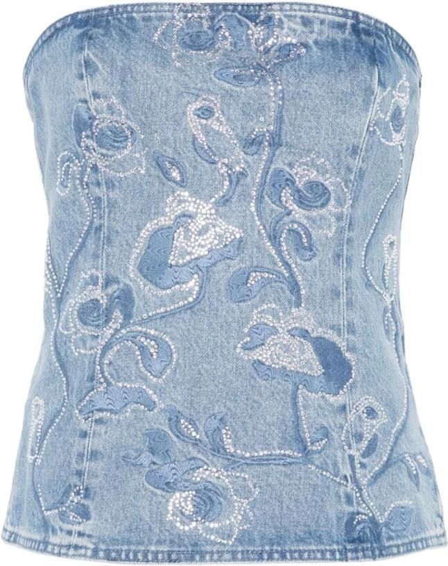 Rotate Birger Christensen Indigo Blue Denim Jurk met Bloemenborduursel Blue Dames