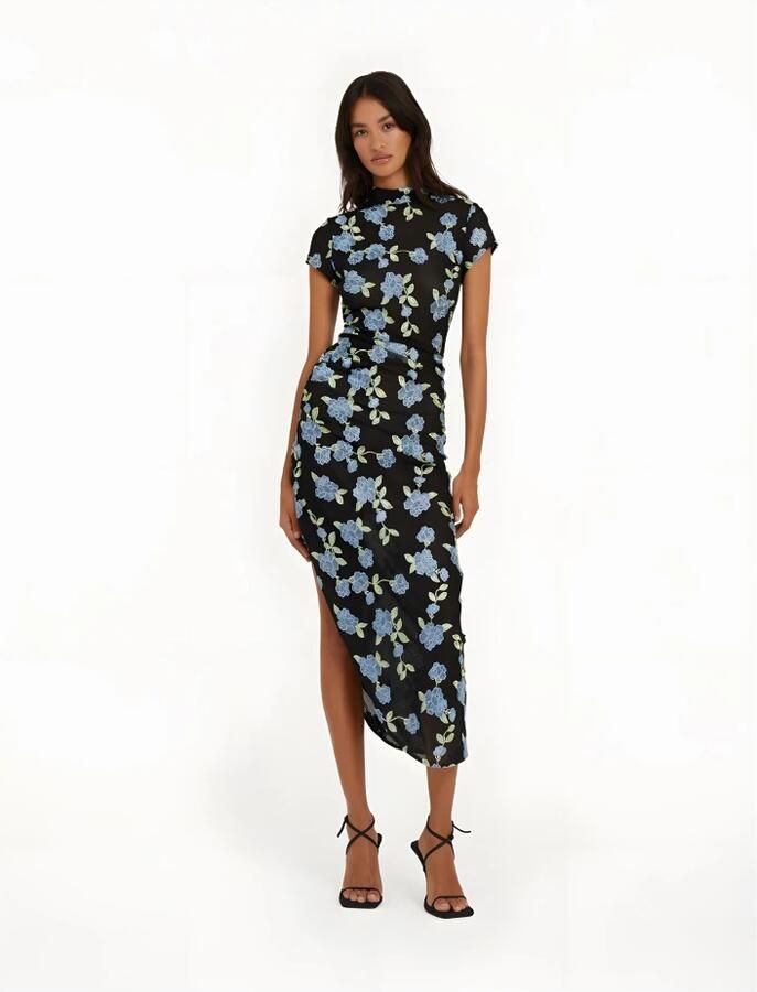 Rotate Birger Christensen Zwarte Mesh Asymmetrische Maxi Jurk Black Dames - Foto 4