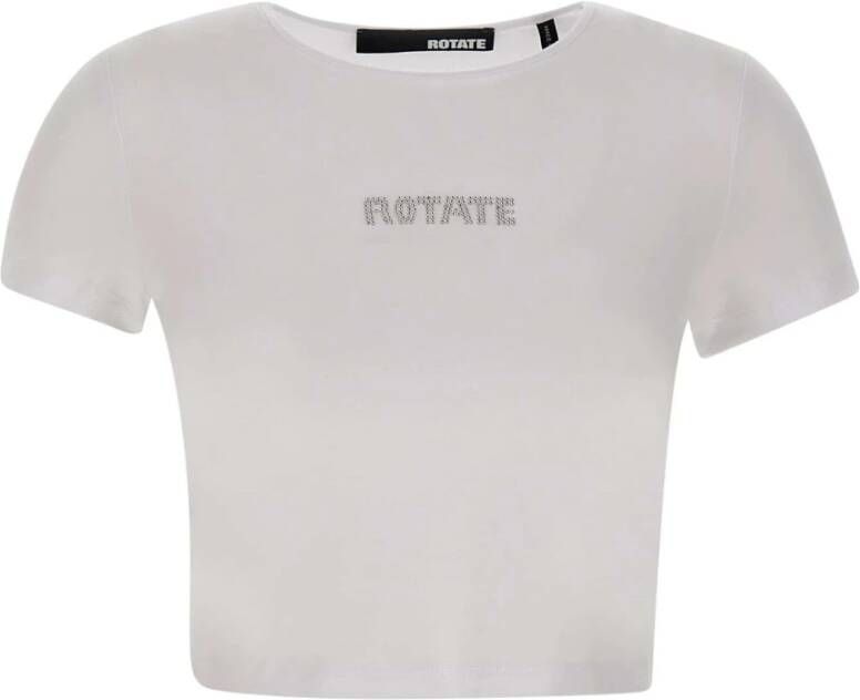 Rotate Birger Christensen Rhinestone Logo Cropped T-Shirt White Dames