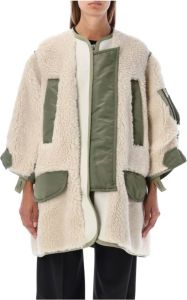 Sacai Crop-Sleeve Panelled Shearling Coat Beige Dames