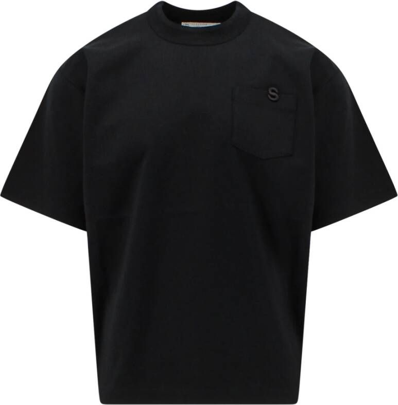 Sacai Zwart Katoenen Jersey T-shirt met Geborduurd Logo Black Heren