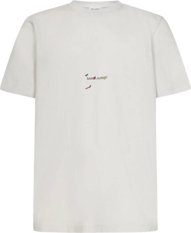 Saint Laurent Off-White Crewneck T-Shirt met Artistiek Logo Wit Heren