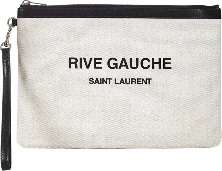 Saint Laurent Rive Gauche Clutch Wit Linnen met Zwarte Leren Accenten Wit Heren