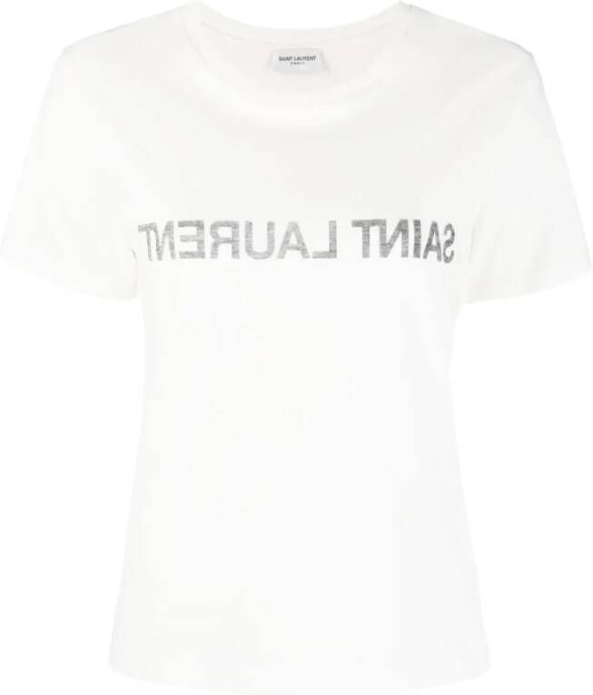 Saint Laurent Stijlvolle katoenen T-shirt met rafelranden voor dames Wit Dames