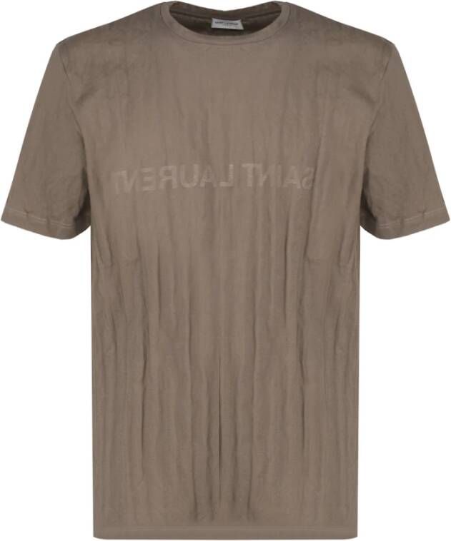 Saint Laurent Omgekeerd Logo Print Katoenen T-shirt Brown Heren