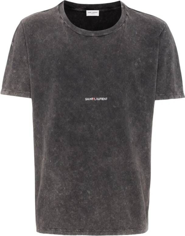 Saint Laurent Versleten Logo Print Katoenen T-shirt Zwart Heren