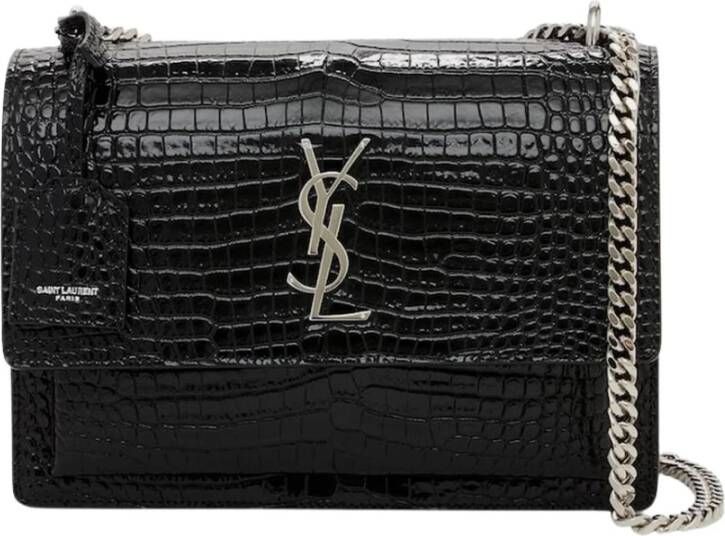 Saint Laurent Vintage Medium Sunset Croc Embossed Leather BAG Zwart Dames
