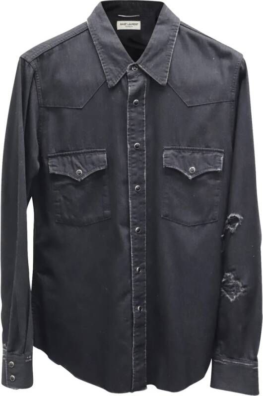 Saint Laurent Vintage Pre-owned Slim Fit Distressed Denim Western Shirt in Cotton Zwart Heren