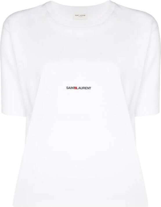 Saint Laurent Wit Logo Print T-Shirt Stijlvolle Ribgebreide Tee voor Dames White Dames