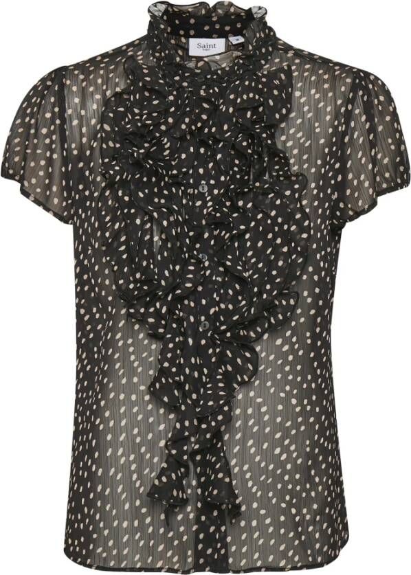 Saint Tropez transparante blouse Lilly met stippen en ruches zwart