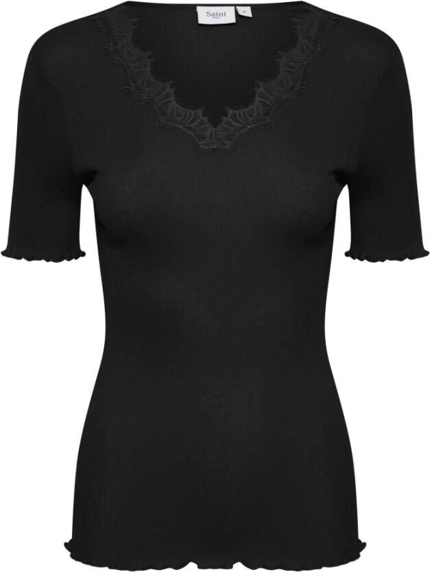 Saint Tropez Feminien T-Shirt met Kant in Zwart Black Dames