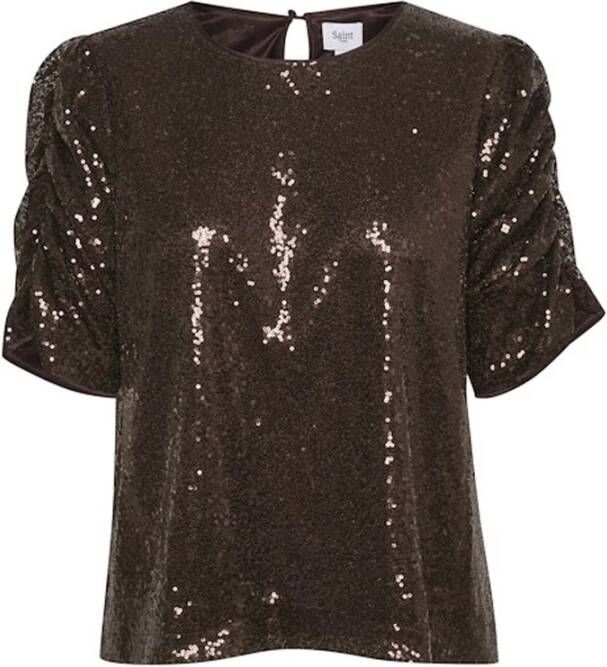 Saint Tropez Paillettenblouse met korte mouwen en sleutelgat halslijn Bruin Dames
