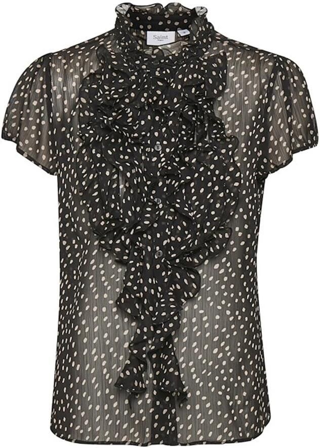 Saint Tropez transparante blouse Lilly met stippen en ruches zwart