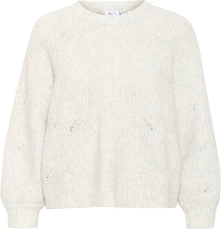Saint Tropez Zachte Gebreide Trui met Pofmouwen en Ronde Hals White Dames