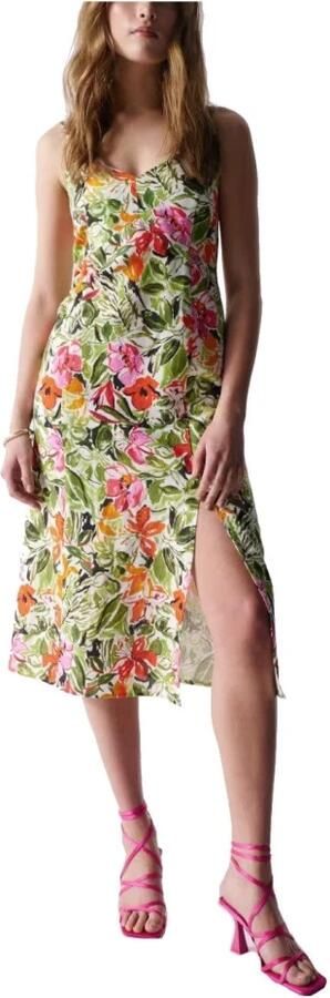Salsa Bloemen Midi Linnen Jurk Green Dames - Foto 3