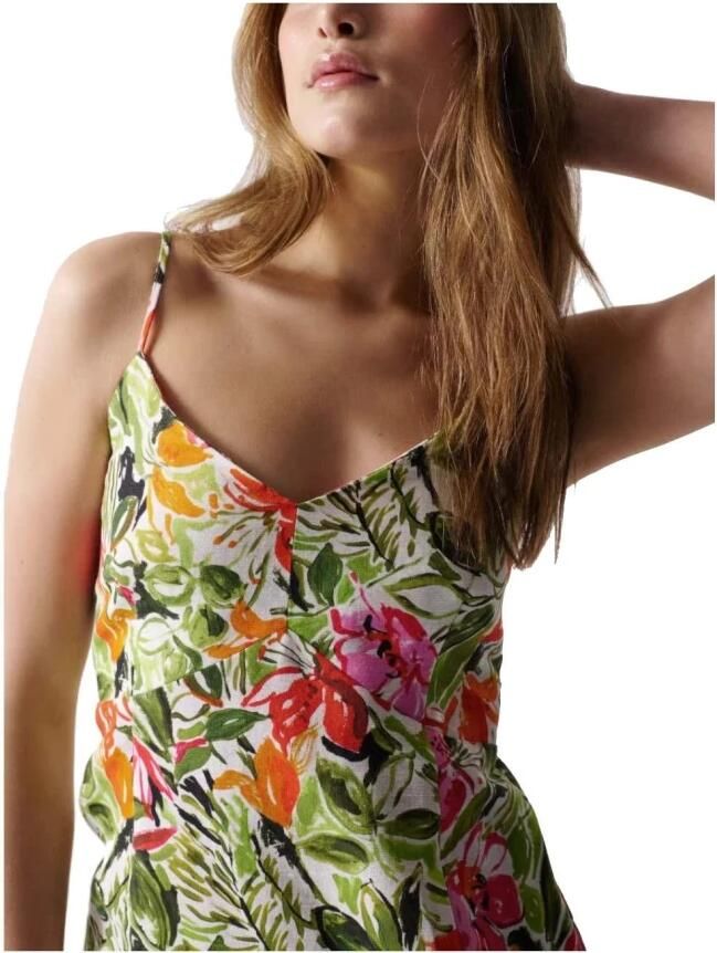 Salsa Bloemen Midi Linnen Jurk Green Dames
