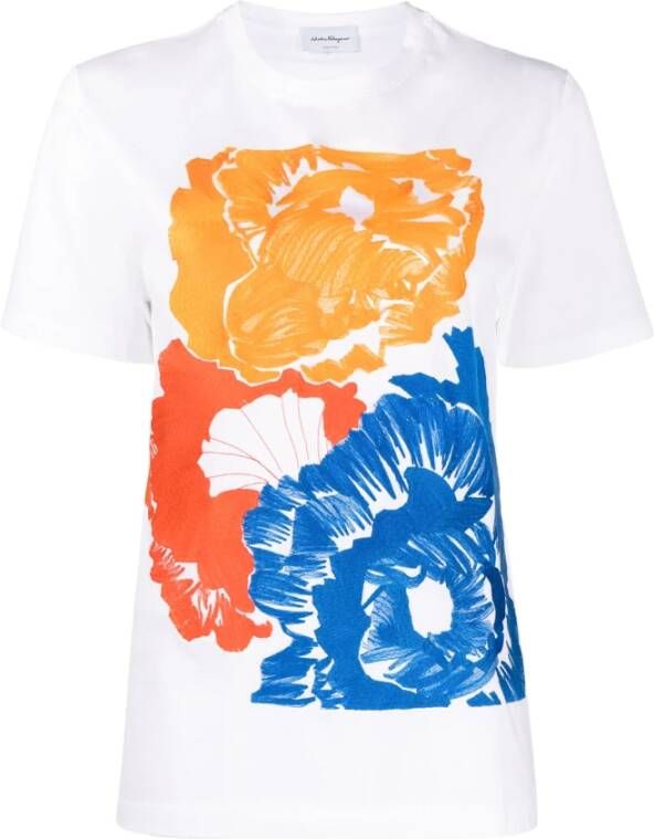 Salvatore Ferragamo Geborduurd Katoenen T-Shirt met Bloemen Wit Dames
