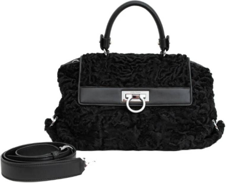 Salvatore Ferragamo Pre-owned Black Persian Lamb Handbag with Leather Detailing Zwart Dames