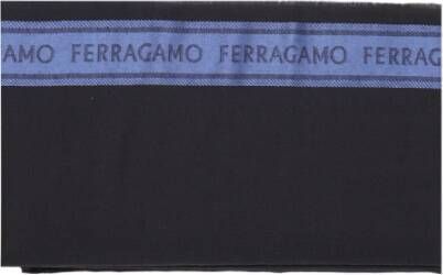 Salvatore Ferragamo Blauwe Wol Zijden Sjaal met Logo Detail Black Heren