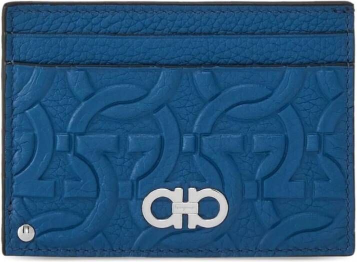 Salvatore Ferragamo Zwarte leren portemonnee met logo patroon en Gancini plaat Blauw Heren