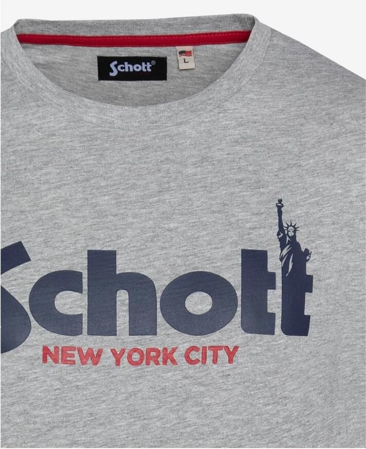 Schott NYC Katoen Logo TShirt Grijs Ronde Hals Korte Mouw Gray Heren