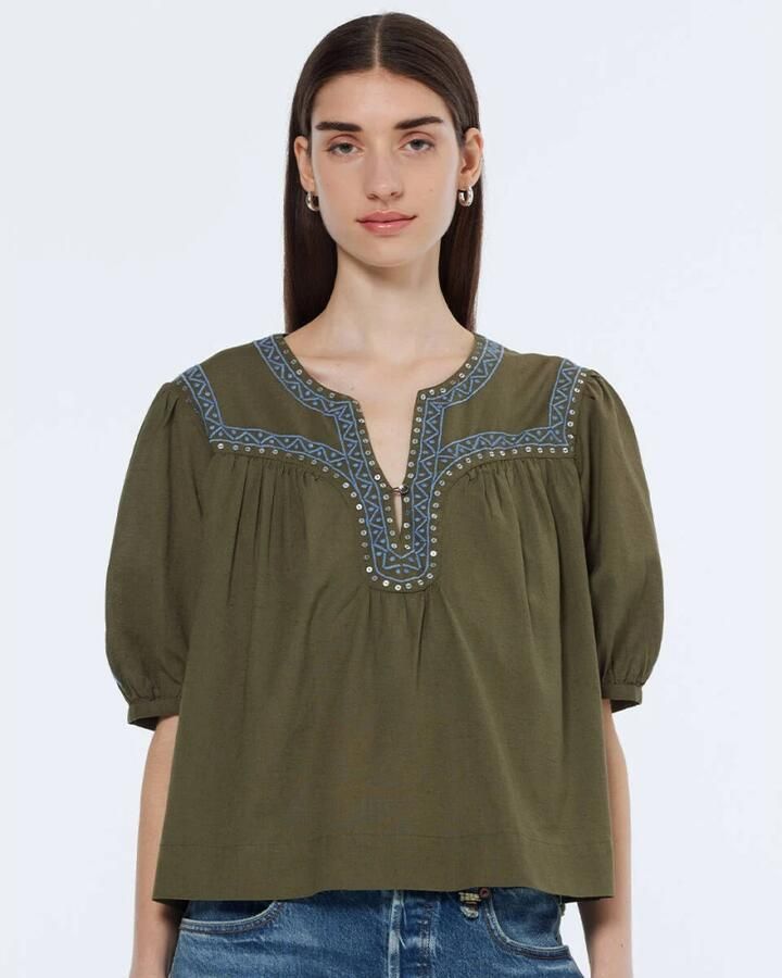 Scotch & Soda Geborduurde Top Blouse Lange Mouw Green Dames