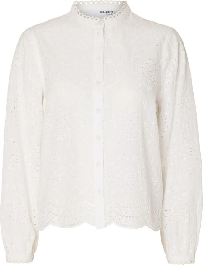 Selected Femme Geborduurde Katoenen Blouse met Geribbelde Kraag White Dames