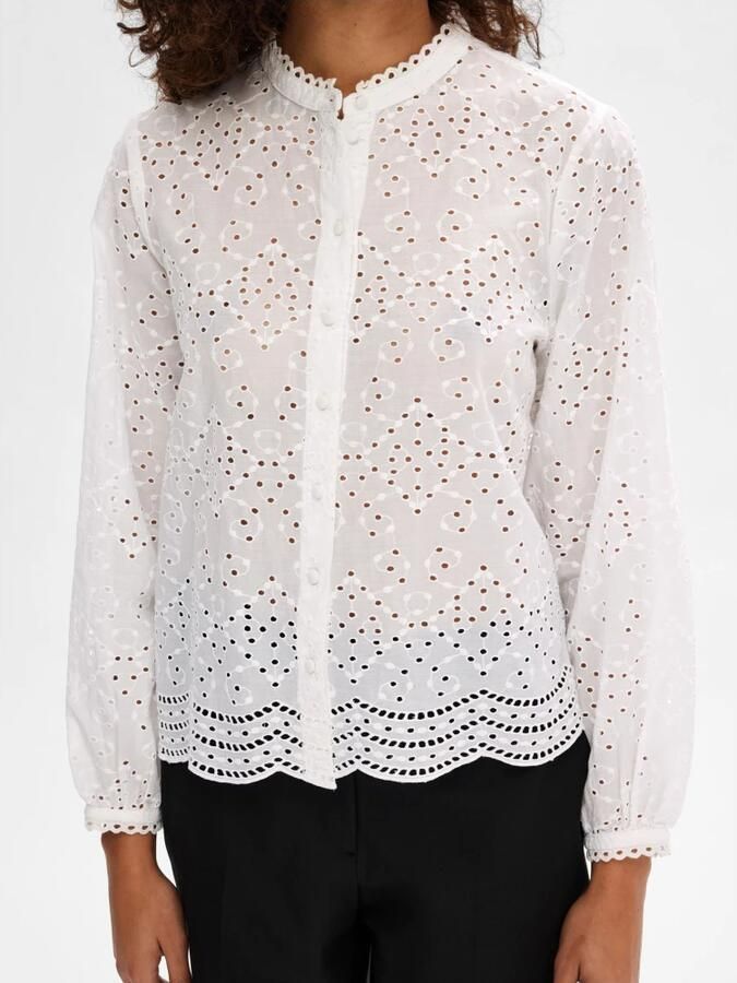 Selected Femme Geborduurde Katoenen Blouse met Geribbelde Kraag White Dames - Foto 2