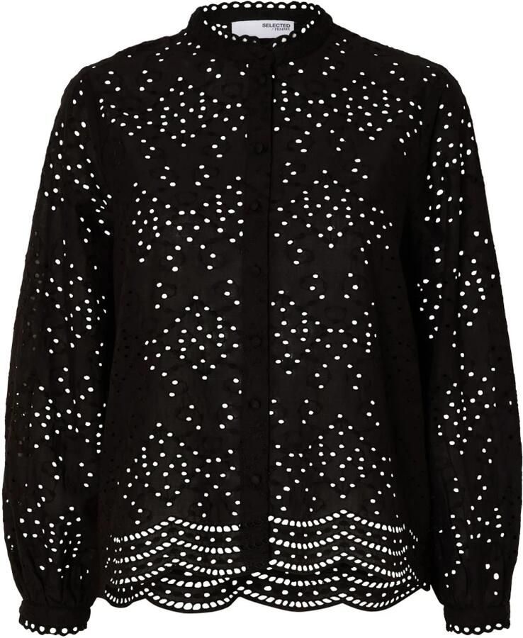 Selected Femme Geborduurde Katoenen Blouse met Geschulpte Kraag Black Dames