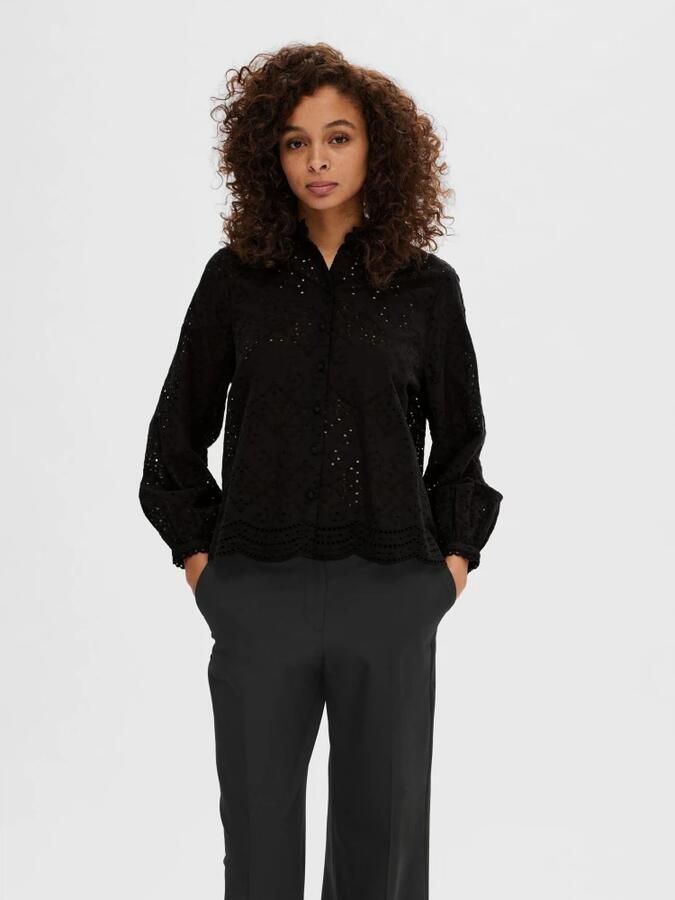 Selected Femme Geborduurde Katoenen Blouse met Geschulpte Kraag Black Dames - Foto 3