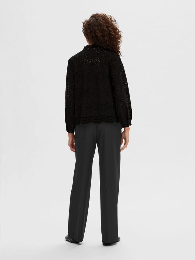 Selected Femme Geborduurde Katoenen Blouse met Geschulpte Kraag Black Dames - Foto 4