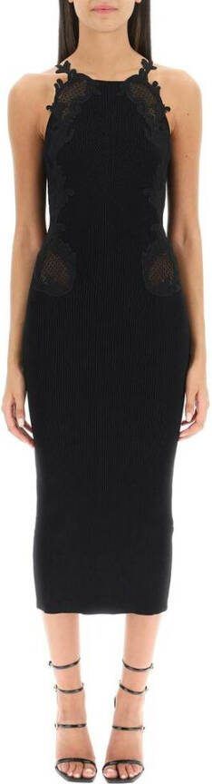 Self Portrait Zwarte Gestreepte Midi Jurk Kant Halslijn Black Dames