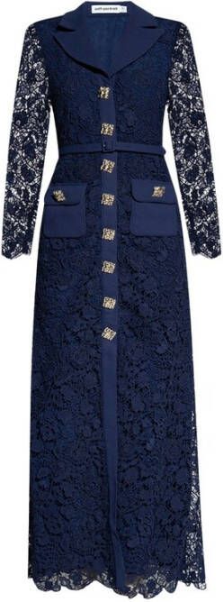 Self Portrait Navy Kant Maxi Jurk V-Hals Blue Dames