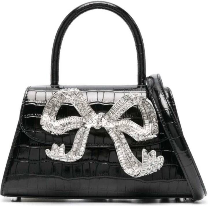 Self Portrait Zwarte Croc Leren Handtas met Kristalversierde Strik Zwart Dames