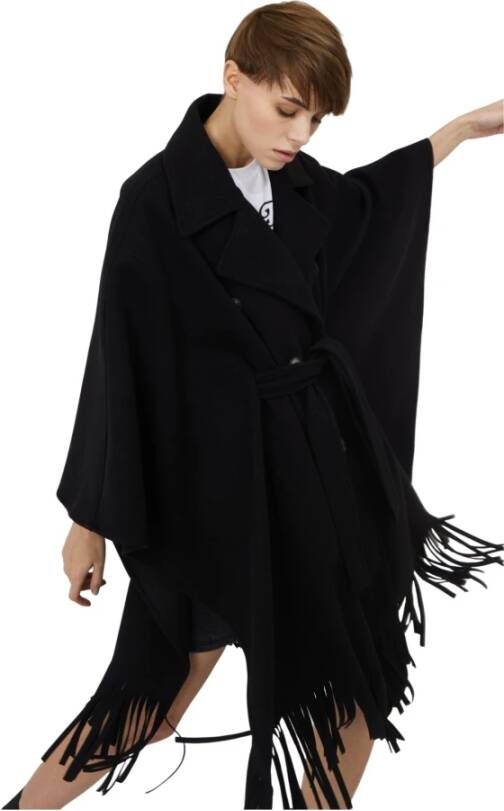 Silvian Heach Double-breasted Cape Coat with Fringes Zwart Dames